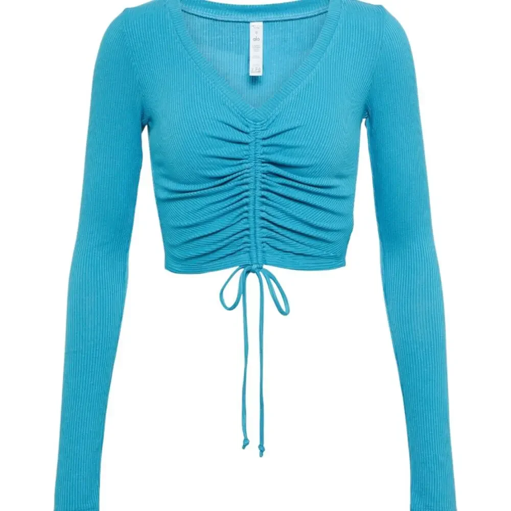 Alo Yoga Blue Ribbed Cinch Ruched Crop Top